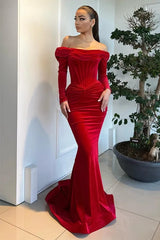 Dressystars Red Velvet Formal Dress Mermaid Long Sleeve Christmas Party Dress
