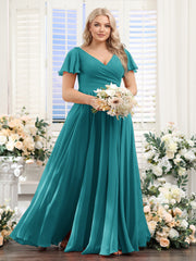 A-Line V-Neck Short Sleeves Split Side Ruched Chiffon Plus Size Bridesmaid Dresses Aqua Blue