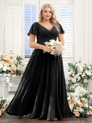A-Line V-Neck Short Sleeves Split Side Ruched Chiffon Plus Size Bridesmaid Dresses Black