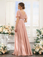 A-Line V-Neck Short Sleeves Chiffon Bridesmaid Dresses with Pockets