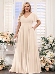 A-Line V-Neck Short Sleeves Chiffon Plus Size Bridesmaid Dresses with Pockets Light Champagne