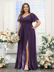 A-Line V-Neck Short Sleeves Split Side Chiffon Plus Size Bridesmaid Dresses with Pockets Grape