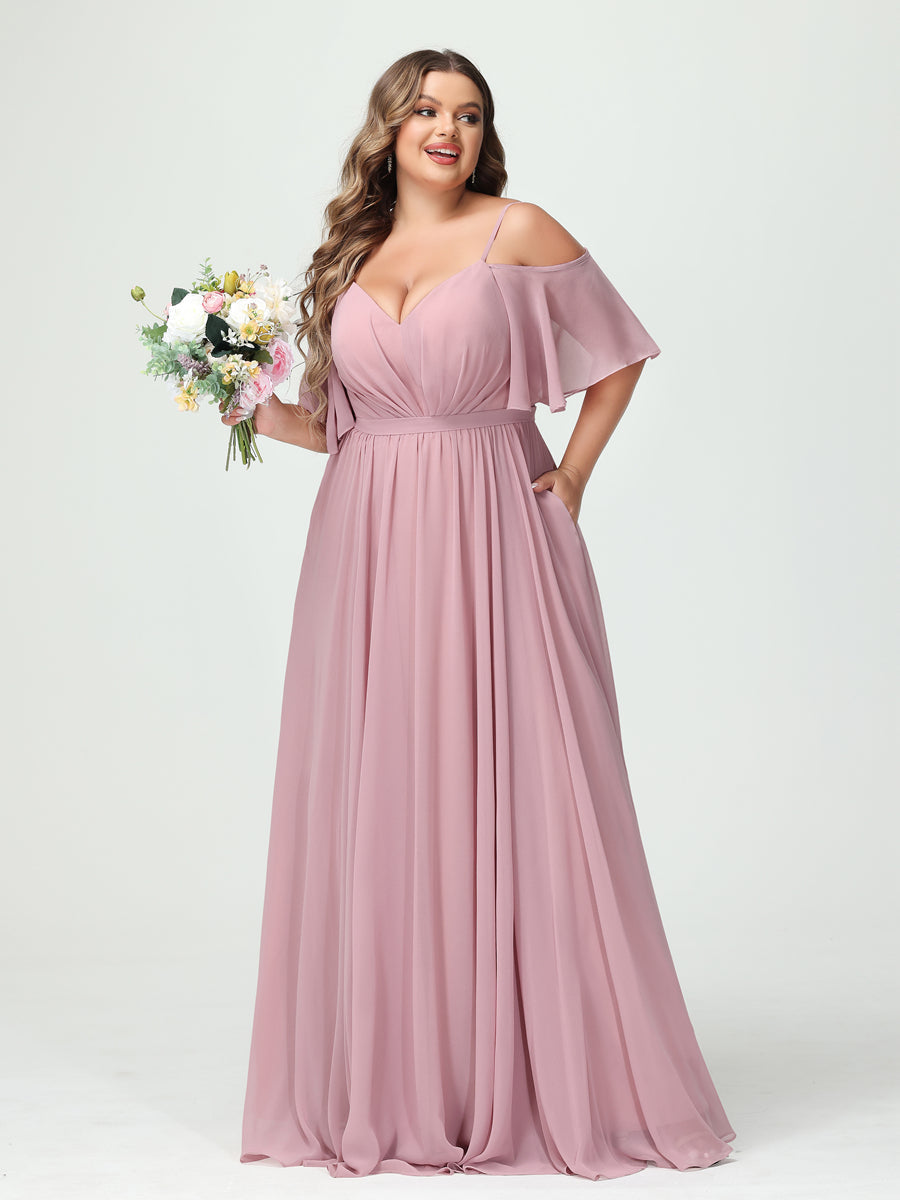 A-Line/Princess Spaghetti Straps Half Sleeves Chiffon Plus Size Bridesmaid Dresses with Pockets As Picture