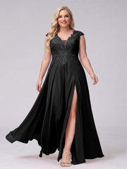 A-Line V-Neck Sleeveless Chiffon Long Plus Size Bridesmaid Dresses With Applique Split Side Black