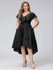 A-Line V-Neck Short Sleeves Asymmetrical Chiffon Plus Size Bridesmaid Dresses With Pockets Black