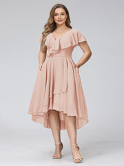 A-Line V-Neck Short Sleeves Asymmetrical Chiffon Plus Size Bridesmaid Dresses With Pockets Blush Pink