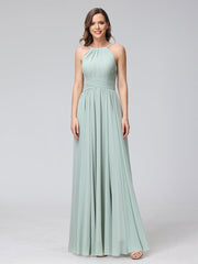 A-Line Halter Sleeveless Ruched Floor-Length Chiffon Bridesmaid Dresses