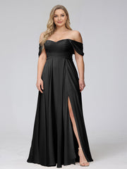 A-Line Off-the-Shoulder Sleeveless Ruched Long Chiffon Plus Size Bridesmaid Dresses with Split Side Black