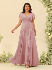 A-Line/Princess V-Neck Plus Size Bridesmaid Dresses with Ruffles Dusty Rose