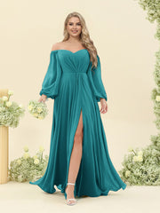 A-Line/Princess Sweetheart Floor-Length Long Plus Size Bridesmaid Dresses with Split Side & Ruffles Aqua Blue