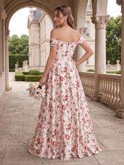 Floor-Length Off-the-Shoulder Long Floral Dresses with Split Side & Ruched