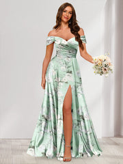 Floor-Length Off-the-Shoulder Long Floral Dresses with Split Side & Ruched Green Floral