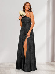 A-Line/Princess One-Shoulder Long Floral Bridesmaid Dresses with Split Side Black