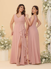 A-Line/Princess V-Neck Sleeveless Ruched Long Chiffon Bridesmaid Dresses With Side Slit & Ruffles