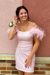 A Homecoming Dress Shimmering Light Pink Sequined Crewneck Cropped With Chic Feather Short Party Cocktail Dress