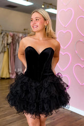 A-Line Black Cocktail Dress Strapless Short Corset Velvet Formal Dress with Ruffles