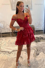 A-Line Black Homecoming Dresses Tiered Short Cocktail Dresses with Lace
