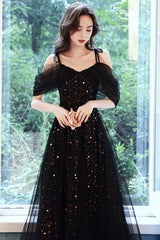 A Line Black Prom Dress Long Off the Shoulder Tulle with SequinEvening Dress