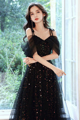 A Line Black Prom Dress Long Off the Shoulder Tulle with SequinEvening Dress