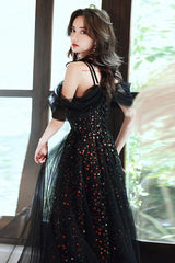 A Line Black Prom Dress Long Off the Shoulder Tulle with SequinEvening Dress
