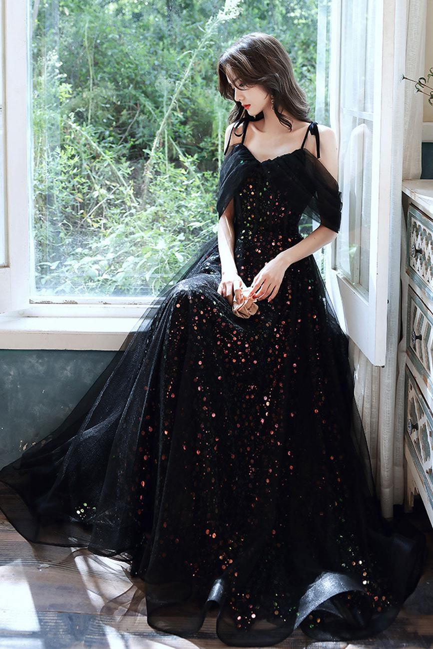 A Line Black Prom Dress Long Off the Shoulder Tulle with SequinEvening Dress