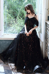 A Line Black Prom Dress Long Off the Shoulder Tulle with SequinEvening Dress