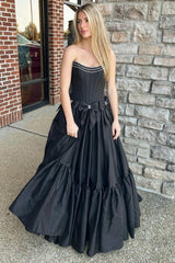 A Line Black Prom Dress Strapless Corset Long Pleated Evening Dress with Bow