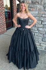 A Line Black Prom Dress Strapless Corset Long Pleated Evening Dress with Bow