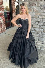 A Line Black Prom Dress Strapless Corset Long Pleated Evening Dress with Bow