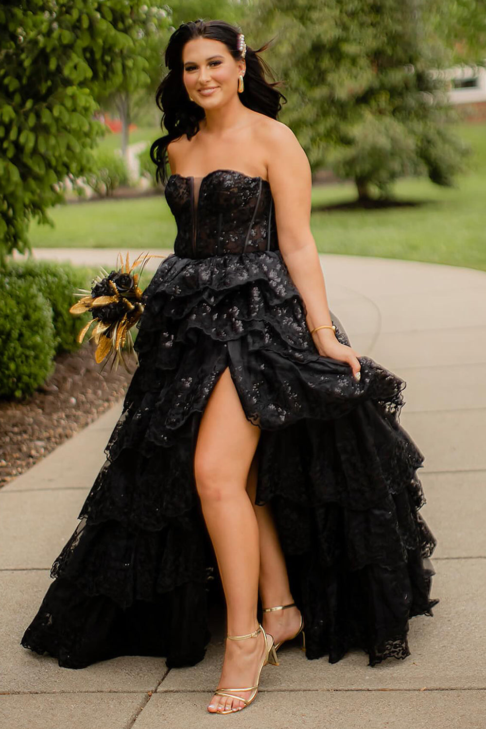 A Line Black Prom Dress Strapless Tulle Tiered Long Corset Evening Dress