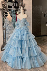 A Line Blue Prom Dress Corset Tiered Tulle Long Evening Dress