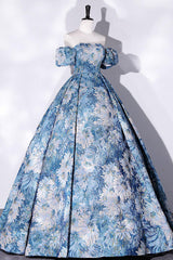 A Line Blue Prom Dress Satin Long Flower Evening Dress