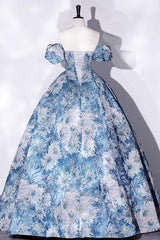 A Line Blue Prom Dress Satin Long Flower Evening Dress