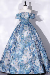 A Line Blue Prom Dress Satin Long Flower Evening Dress