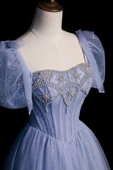 A Line Blue Prom Dress Sweetheart Neck Tulle Long Formal Evening Dress