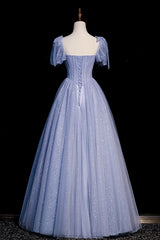 A Line Blue Prom Dress Sweetheart Neck Tulle Long Formal Evening Dress