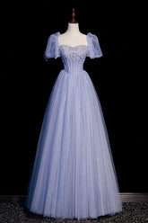 A Line Blue Prom Dress Sweetheart Neck Tulle Long Formal Evening Dress