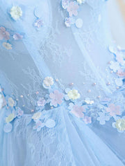 A Line Blue Prom Dress Tulle Lace Long Formal Evening Dress