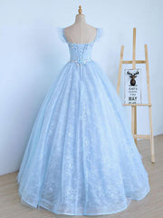 A Line Blue Prom Dress Tulle Lace Long Formal Evening Dress