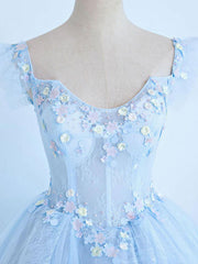 A Line Blue Prom Dress Tulle Lace Long Formal Evening Dress