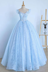 A Line Blue Prom Dress Tulle Lace Long Formal Evening Dress