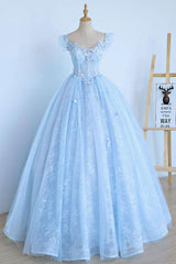 A Line Blue Prom Dress Tulle Lace Long Formal Evening Dress