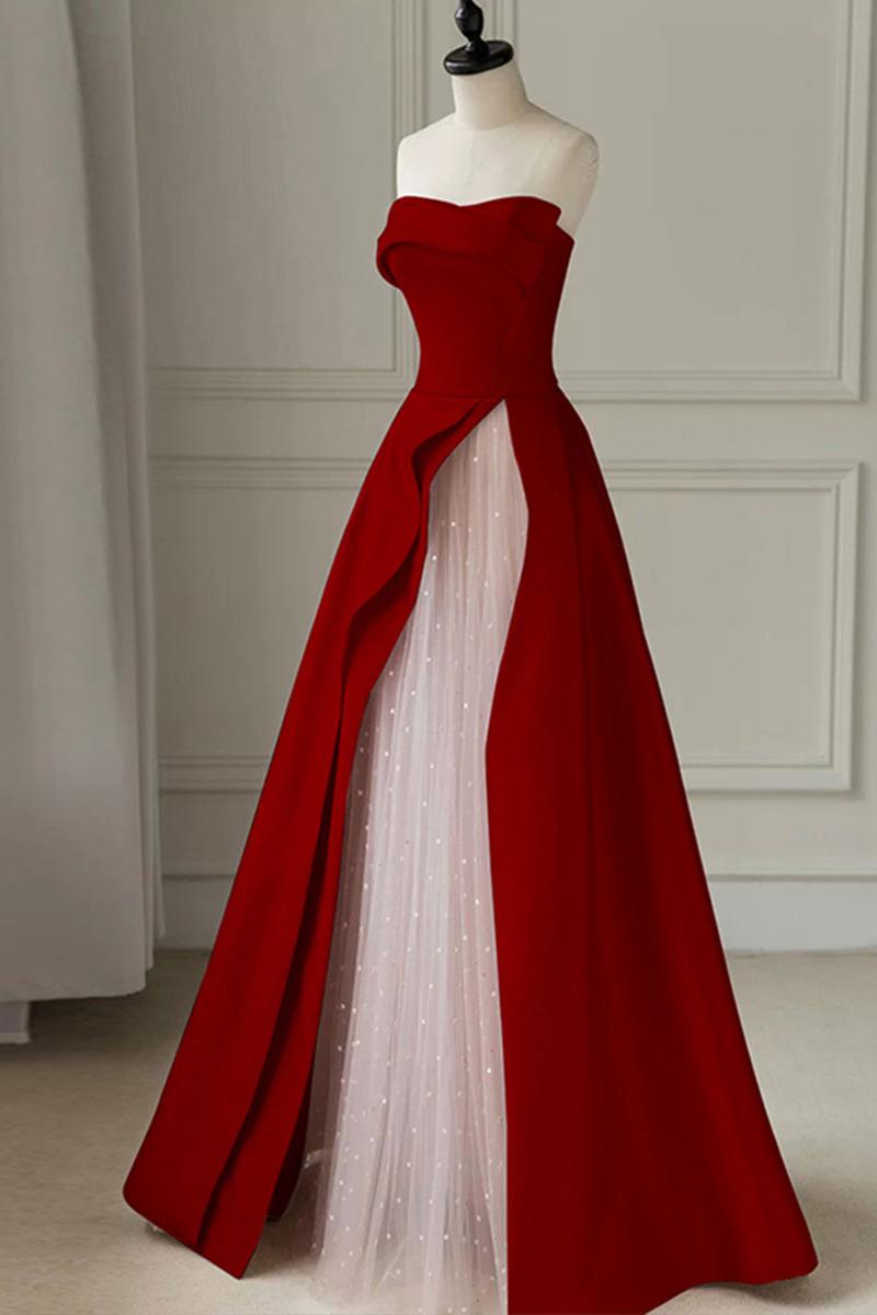 A Line Burgundy Prom Dress Satin Long Formal Evening Dress