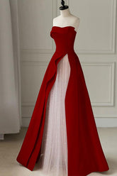 A Line Burgundy Prom Dress Satin Long Formal Evening Dress