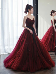 A Line Burgundy Prom Dress Tulle Long Formal Evening Dress