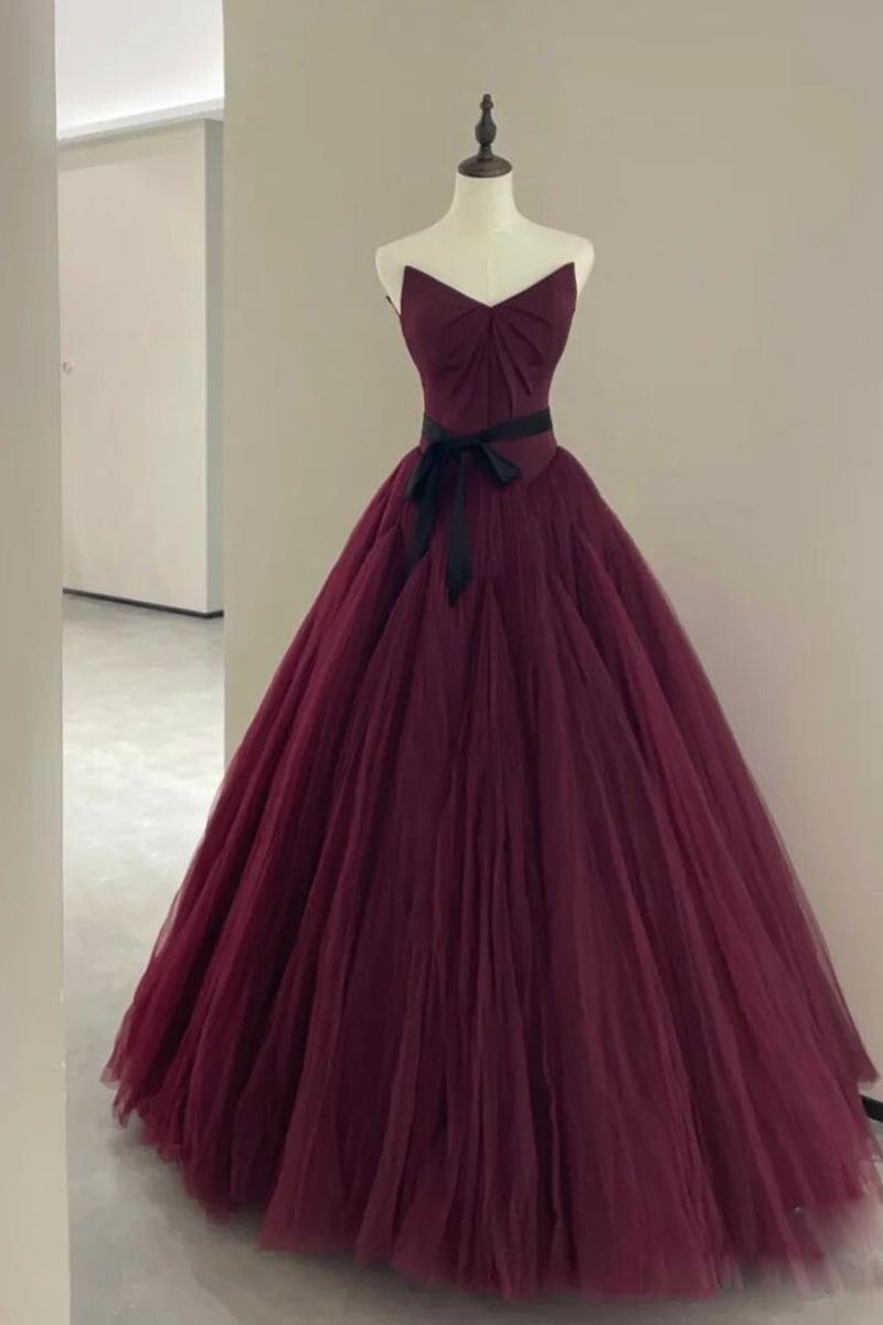 A Line Burgundy Prom Dress Tulle Long Formal Evening Dress