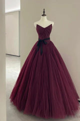 A Line Burgundy Prom Dress Tulle Long Formal Evening Dress
