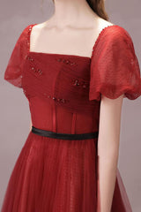 A Line Burgundy Prom Dress Tulle Tea Length Formal Dress Evening Dress