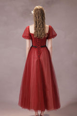 A Line Burgundy Prom Dress Tulle Tea Length Formal Dress Evening Dress