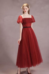 A Line Burgundy Prom Dress Tulle Tea Length Formal Dress Evening Dress